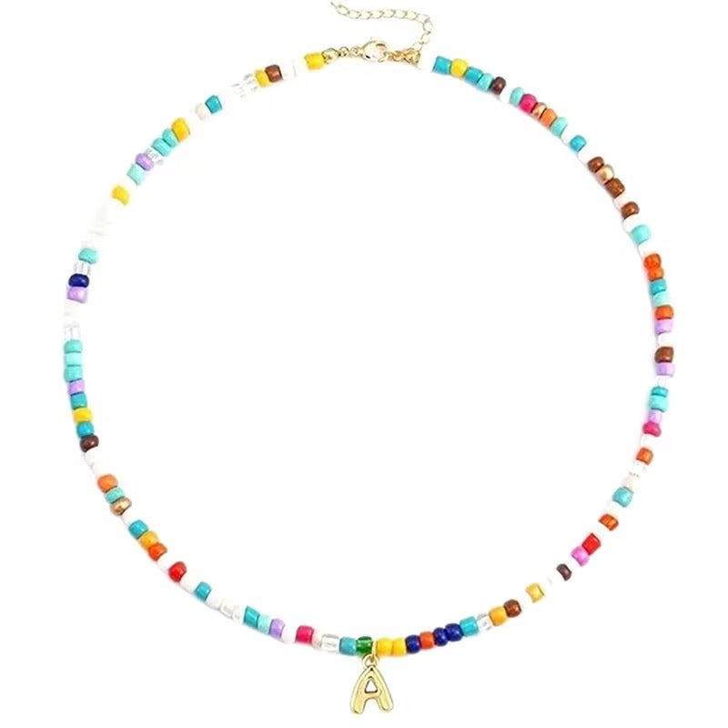 Colourful beads beaded necklace with letter pendant