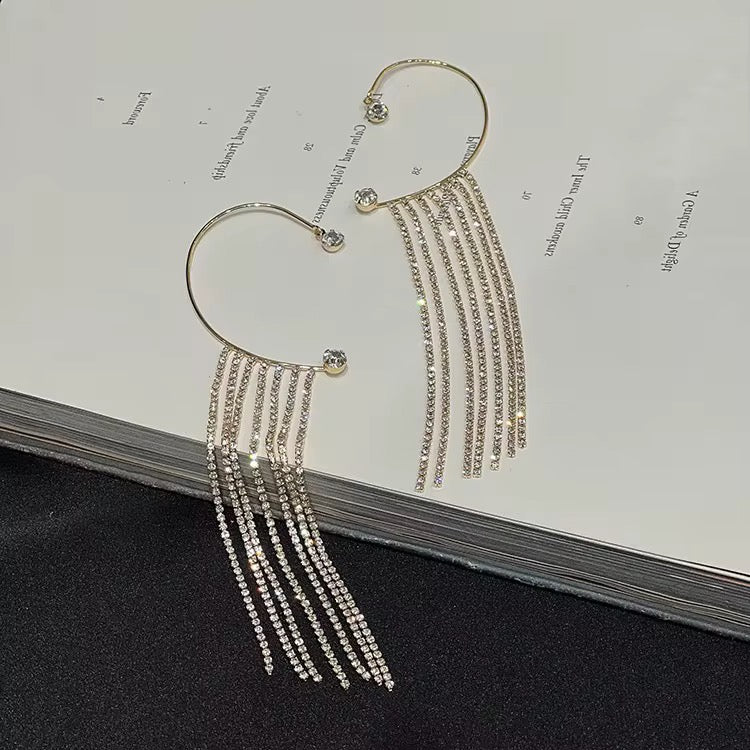 Luxury long rhinestone tassel ear cuffs