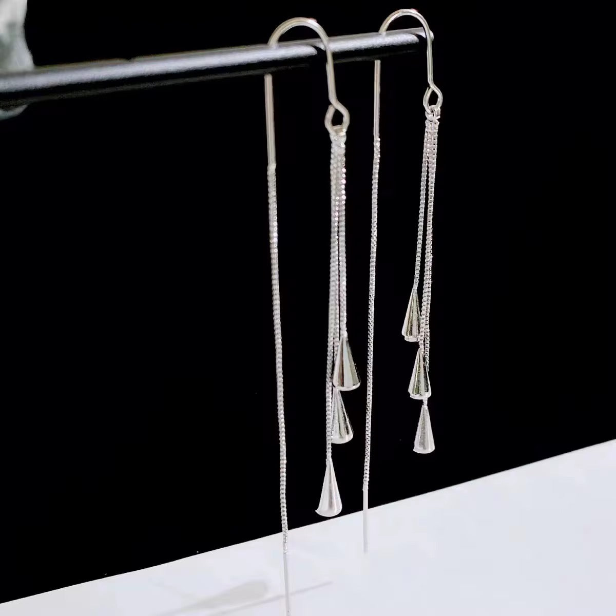 Long silver drop tassel earrings