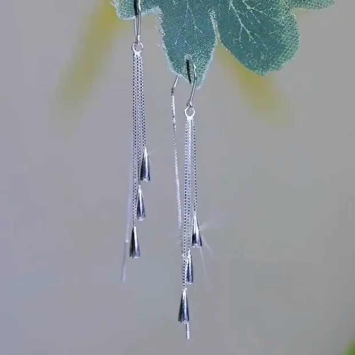 Long silver drop tassel earrings