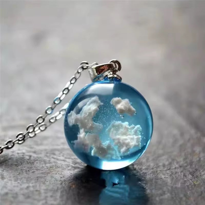 Blue sky white clouds pendant with necklace