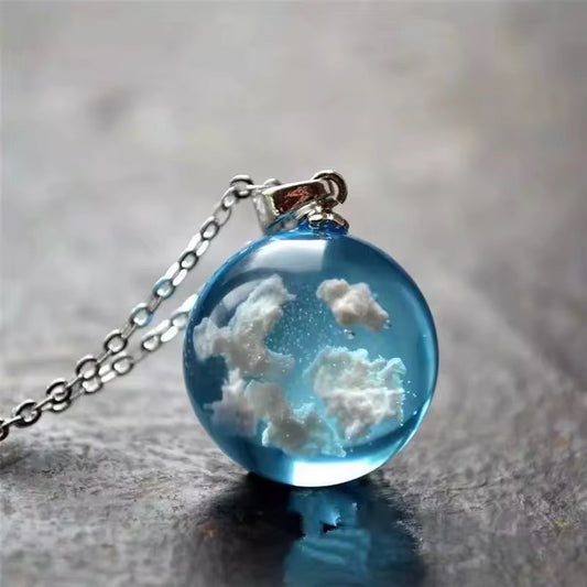 Blue sky white clouds pendant with necklace