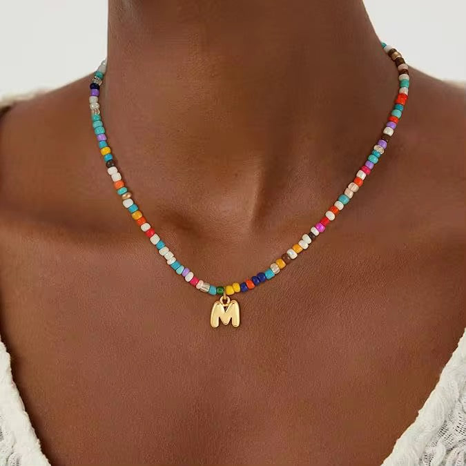 Colourful beads beaded necklace with letter pendant