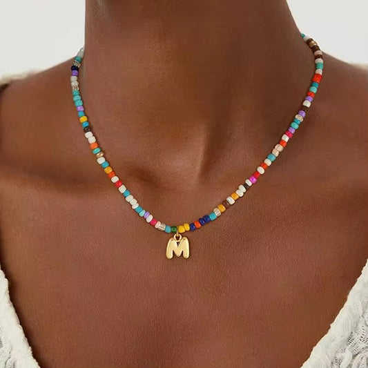 Colourful beads beaded necklace with letter pendant