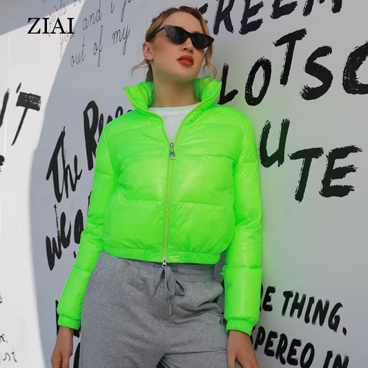 women's neon shiny short padded jacket