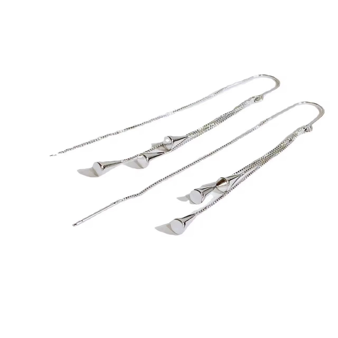 Long silver drop tassel earrings